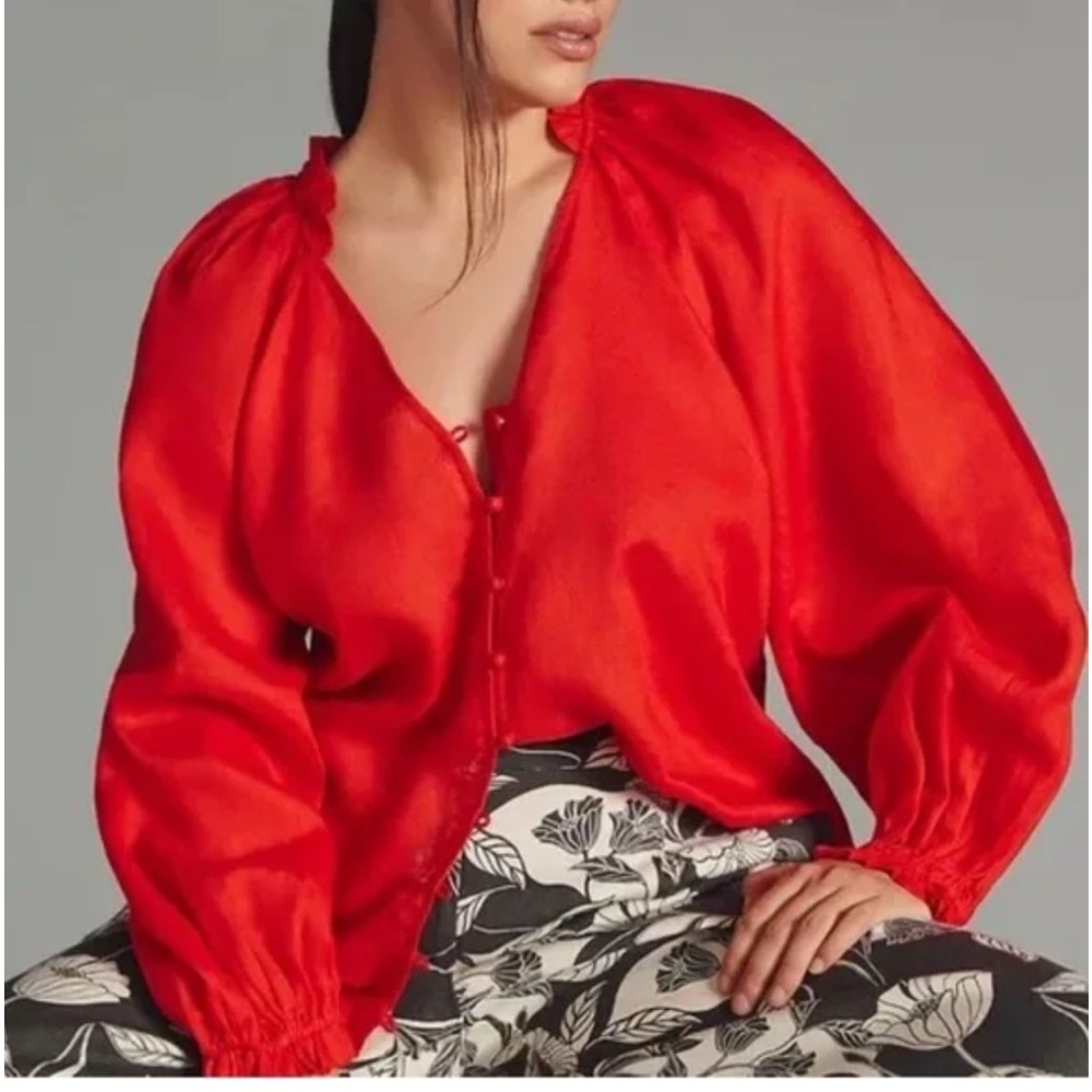Anthropologie Vibrant Red Blouse with Ruffle Detail